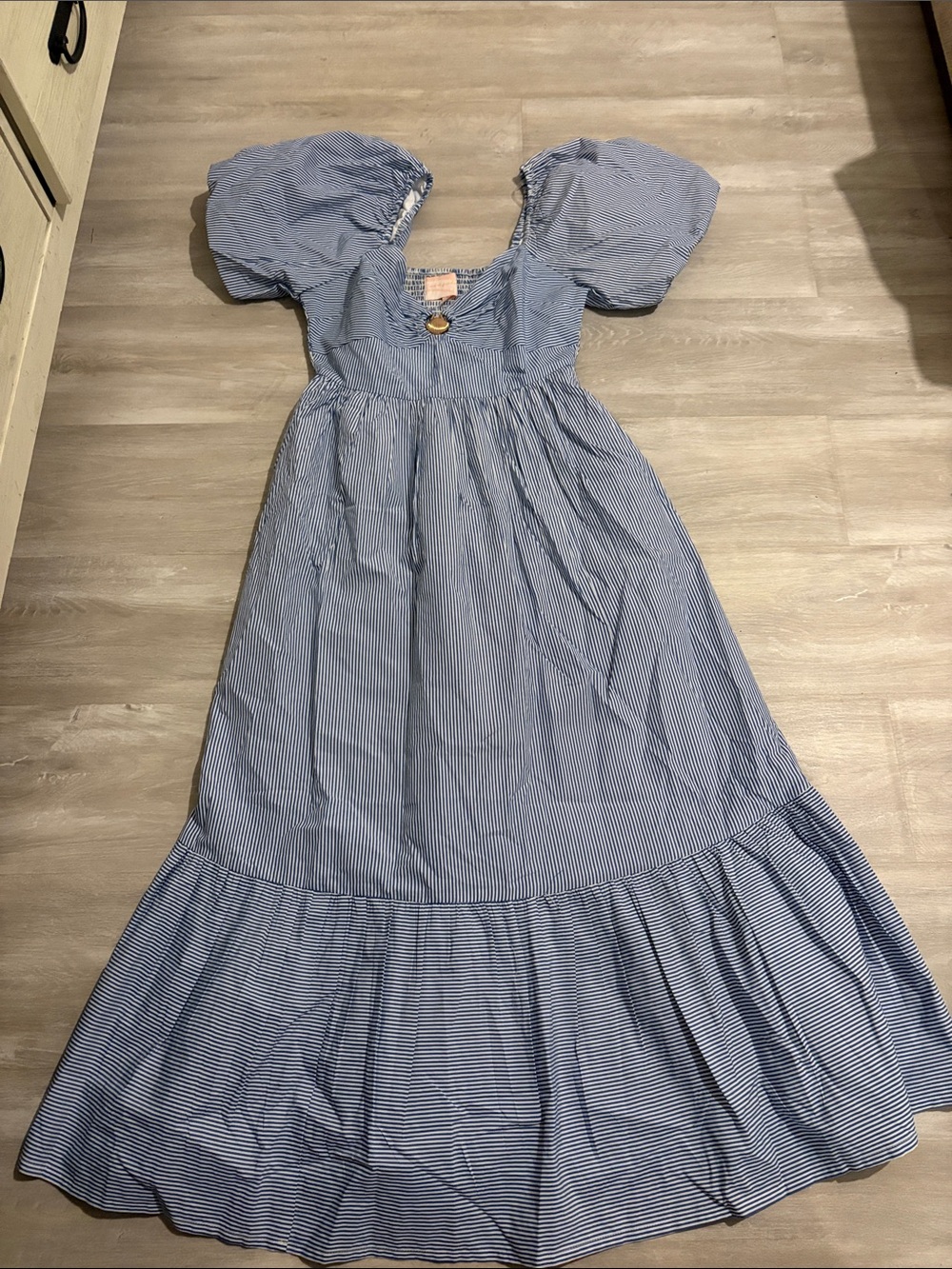 Striped Blue Puff-Sleeve Maxi Dress